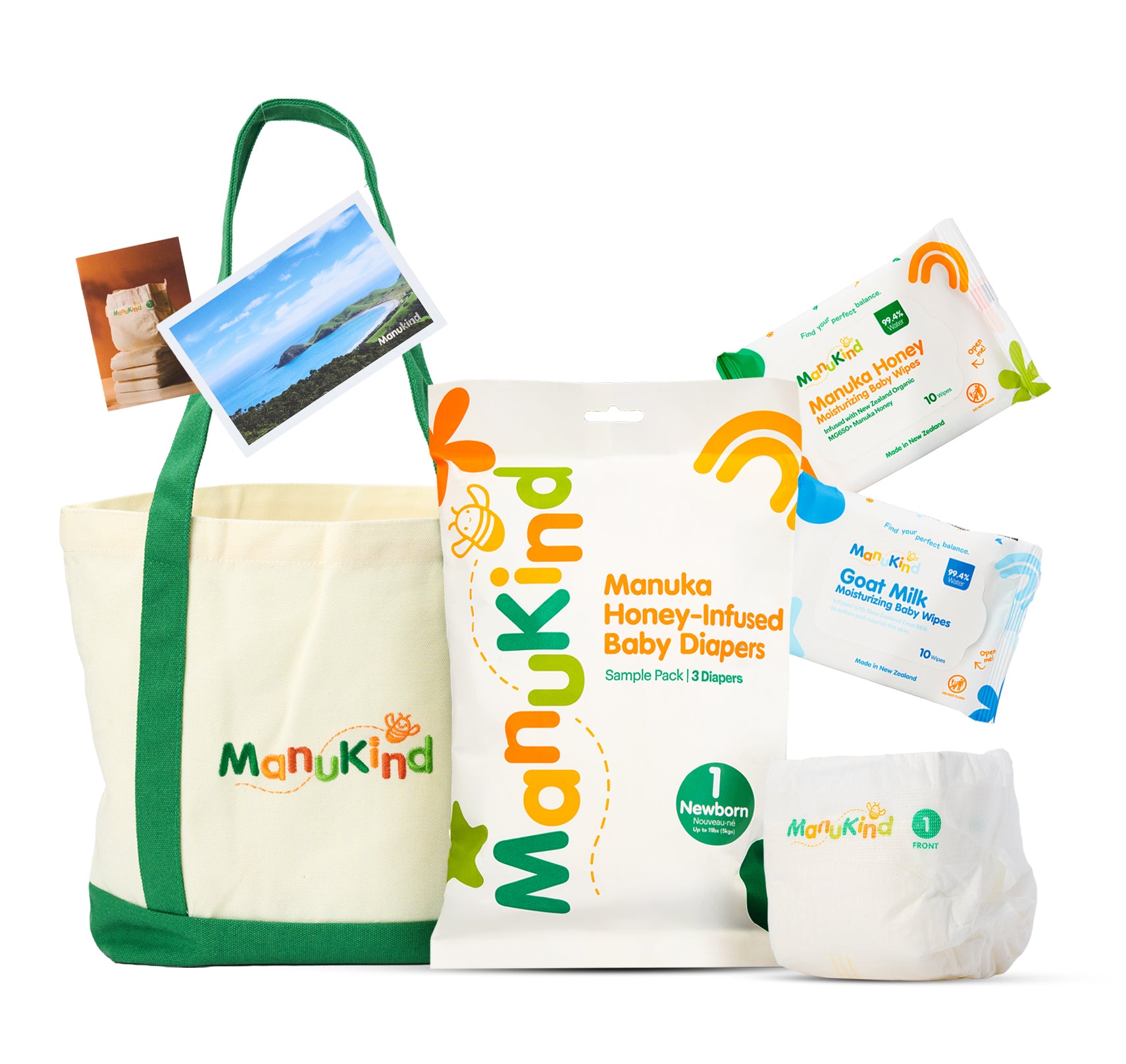 Manukind Size 1 baby diaper and wipes sample kit with 3 sample diapers, Manuka honey baby wipes, goat milk baby wipes, postcard and info brochure wrapped in Manukind tissue paper
